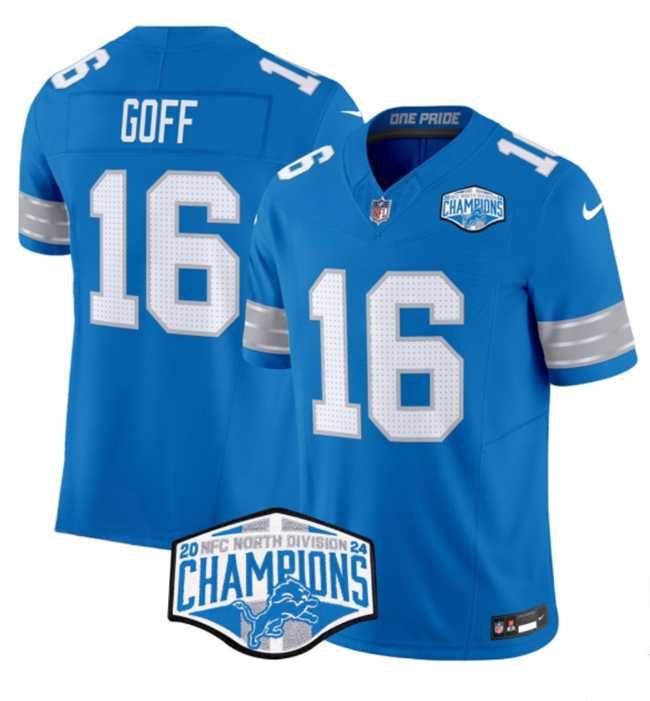 Mens Detroit Lions #16 Jared Goff Blue 2024 NFC North Champions F.U.S.E. Vapor Limited Stitched Jersey